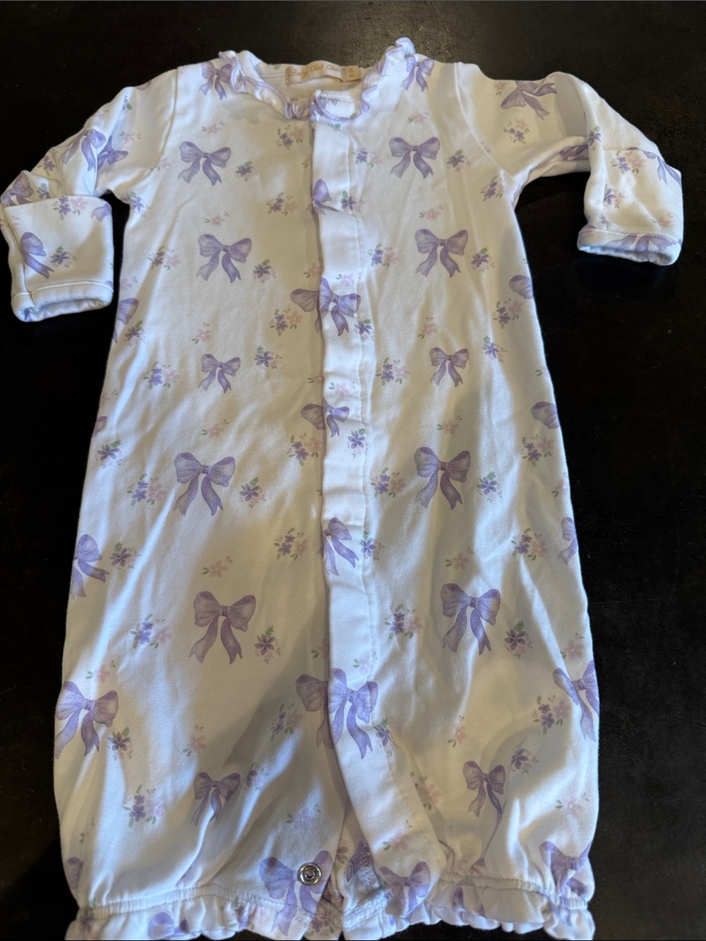 Baby club Chic convertible gown/ onesie lavender bows cotton size 0-3 months